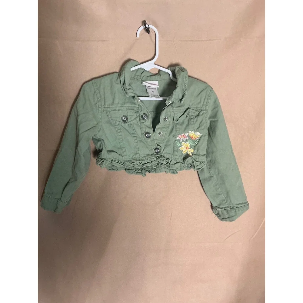 Little Lass Cropped Jacket Girls 4T Green Excellent Floral Ruffle Snap Bolero